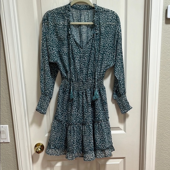 Blue White Long Sleeve V-Neck Sundress Ruffle Smocked Tiered Sheer Lined Small - Picture 1 of 10